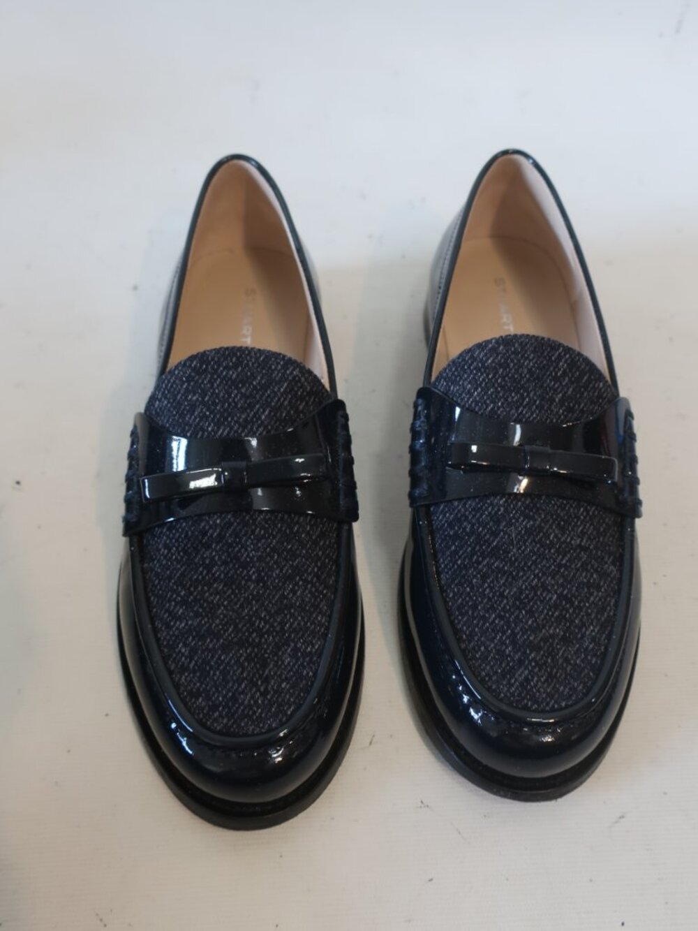 Womens Stuart Weitzman Nico Blue Patent Leather Twill Lottie Bow Loafer 8.5